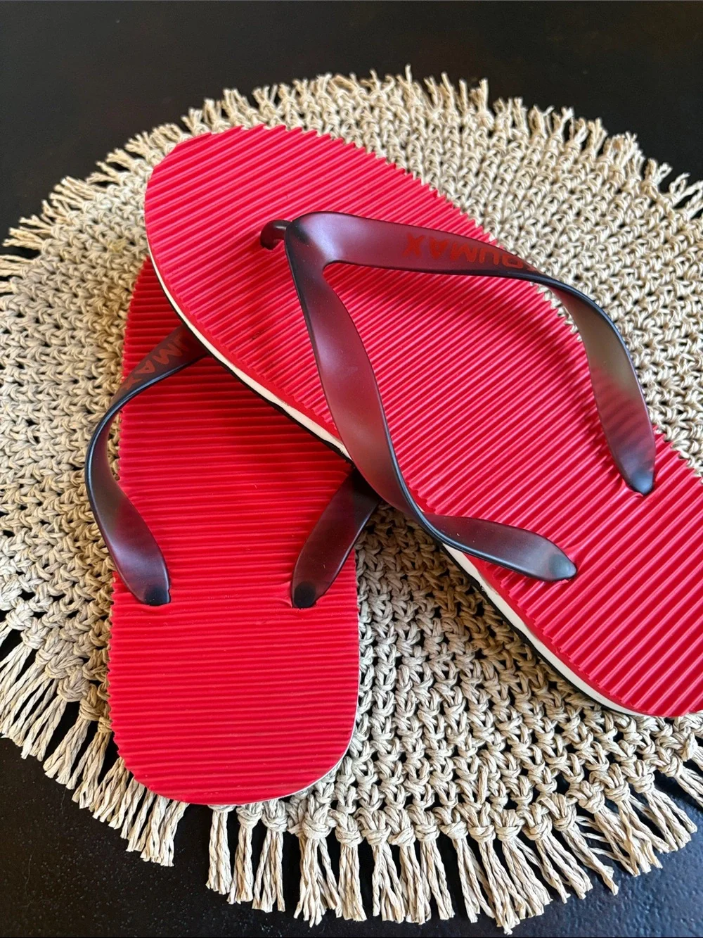 Red Ribbed Flip Flops with Dark Brown Straps